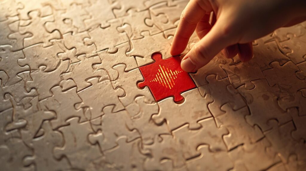 Voix-off en ligne – métaphore visuelle d’un puzzle complété avec la dernière pièce représentant une onde sonore, symbole de l’expérience client aboutie
