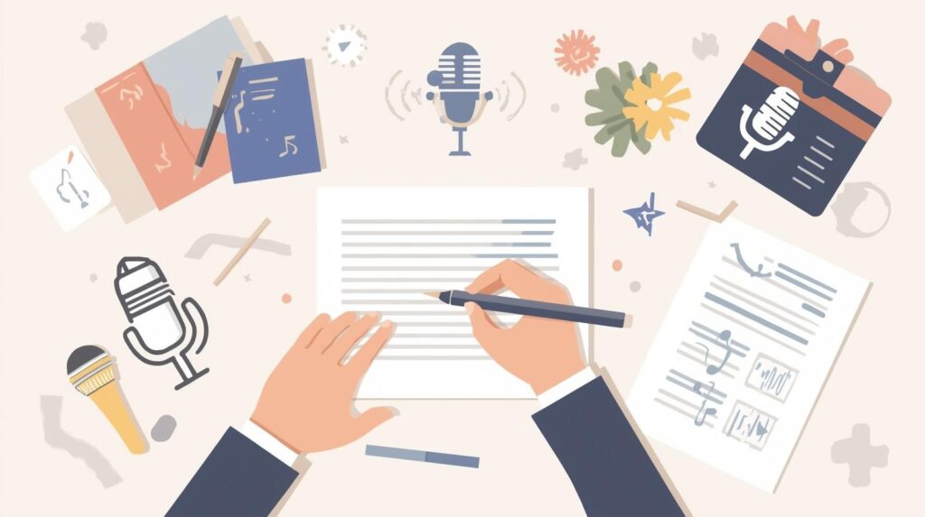 Illustration d’un créatif écrivant un script de motion design, entouré d’éléments visuels et sonores symbolisant la voix off.