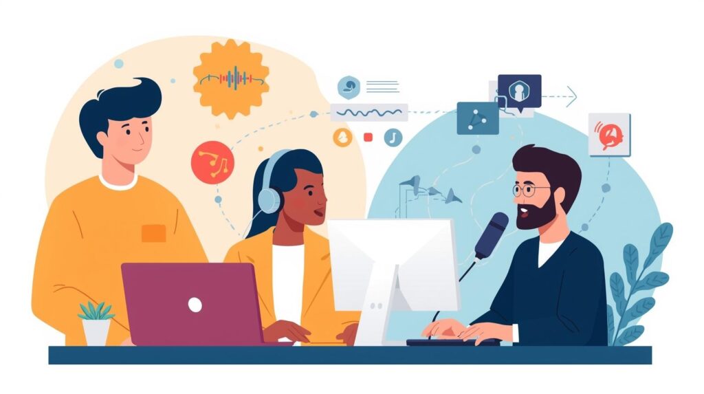 Illustration d’une équipe créative travaillant sur un projet de motion design, reliant images, son et voix off dans un même flux créatif.